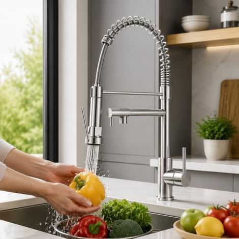 JUNSHENG Rubinetto da cucina - girevole a 360° Rubinetto da Cucina Miscelatore da cucina con doccetta estraibile a molla ad alta pressione, spazzolato (1/5)