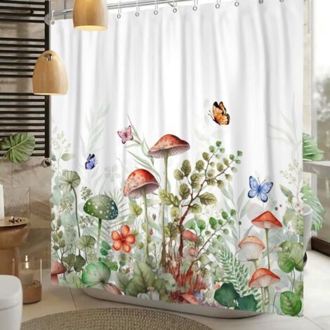 Bohemian Shower Curtain, Watercolor Mushrooms with Green Leaves, Butterflies, Flowers and Plants, 180 x 180 cm (1/5)