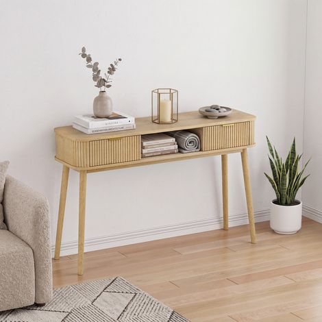 Console style mid-century avec tiroirs et compartiment ouvert, table de canapé ou bureau, pour salon et entrée, effet chêne, coloris chêne (1/5)