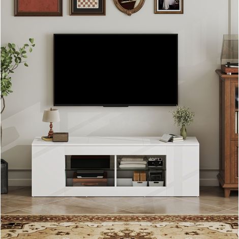 TV-Möbel 140 cm Weiß – 6 Fächer, Glasregale, für bis zu 65 Zoll, ohne Matratze (1/5)