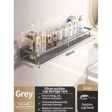 (Couche grise 50 cm - A3) Étagère de rangement murale pour salle de bain avec ventouses puissantes, organisateur en aluminium sans perçage pour les articles de toilette et de douche essentiels (1/5)