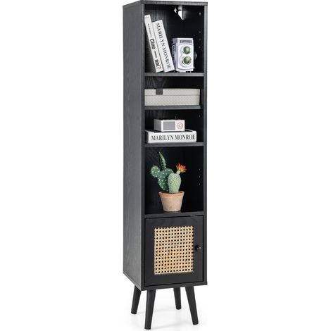 Meuble Colonne de Rangement avec Porte Rotin et Pieds en Bois Massif, 29,5x29,5x137cm, Noir (1/5)