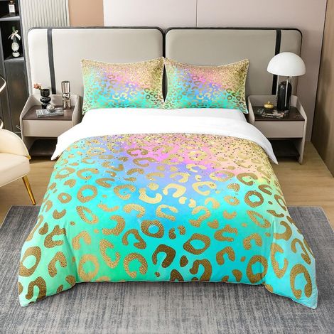 Léopard 100% Coton Housse de Couette 200x200cm Cheetah Parure de lit Coton Set Housse de Couette pour Chambre Safari Parure de lit Wild Animaux Literie Set Or Jaune Bleu Literie Ensemble - 200 x 200 c (1/5)