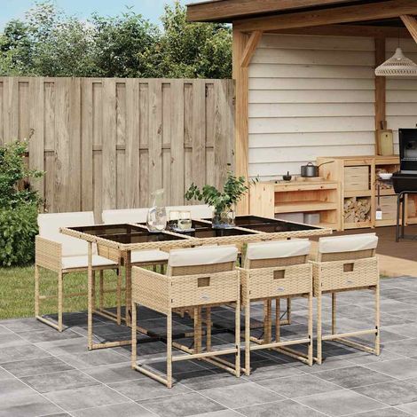 Salon de jardin 7 pièces en poly rotin beige avec coussins et table en verre - PANGIVO (1/5)