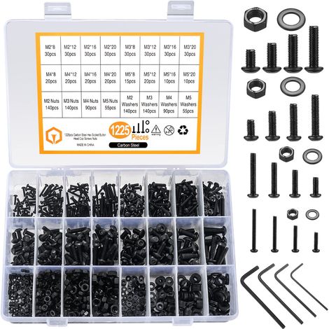 1225 Pièces Vis Écrous Rondelles Noir Acier Carbone, M2-M5 Six Pans Creux Lot de 1225 pièces en acier carbone noir : vis à tête cylindrique six pans creux, écrous et rondelles, tailles M2, M3, M4, M5 (1/5)