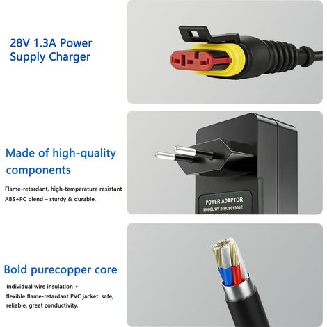 Adaptateur secteur 28 V 1,3 A compatible avec Husqvarna Automower 105/305/310/315/315X/310 Mark II/Gardena R38Li/R40Li/R45Li/R50Li/R70Li/R75Li/R80Li/Sileno Life/City/Minimo/McCulloch Rob R600/R800