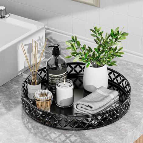 Bandeja para encimera de baño, bandeja decorativa blanca de 28 cm (11 pulgadas), ideal para encimeras, cosméticos, tocadores y perfumes. Bandeja de almacenamiento para baño (negra). (1/2)