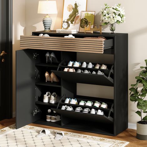 Modernluxe - Meuble à chaussures moderne 100x35x105 cm - 2 meubles à chaussures pliables - 1 porte et 1 tiroir - MDF - Noir et naturel (1/5)