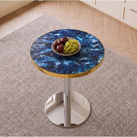 Mesa baja redonda 60 cm, tablero efecto mármol azul, borde dorado, estructura de metal DESVIAE (1/5)