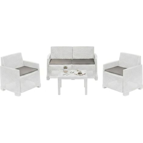 Dmora - Lounge-Set für draußen Vieste, Garten-Set mit 2 Sesseln, 1 Sofa und 1 Couchtisch, Rattan-Effekt mit Kissen, 100 % Made in Italy, Weiß, mit verstärkter Verpackung