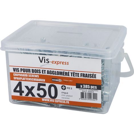 Seau de 385 Vis bois agglo 4X50 Tête fraisée Pozi N°2 Acier zingué (1/2)