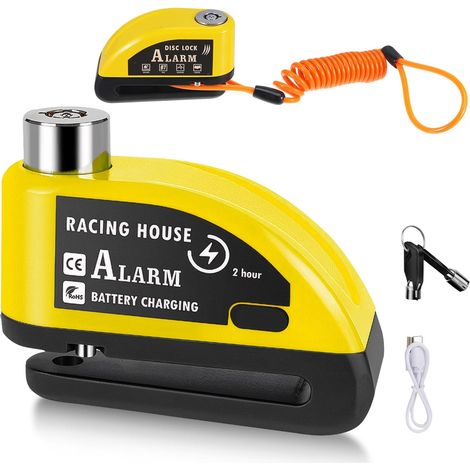 Candado de freno de disco para motocicleta, 110 dB, recargable, de alta seguridad, antirrobo, con cable recordatorio de 1,5 m para motocicleta, bicicleta y scooter. (1/5)