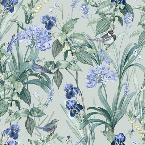 Papier peint jardin fleuri oiseaux fond vert sauge