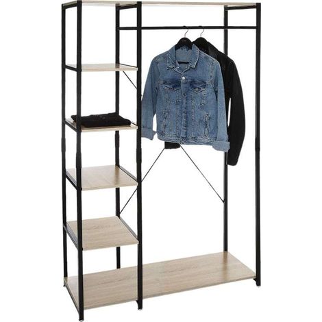 Vestidor Armario Abierto con 5 estantes Aliaj 1 Barra Colgadora Negro y Roble Claro Melamina 100x169 cm (1/5)