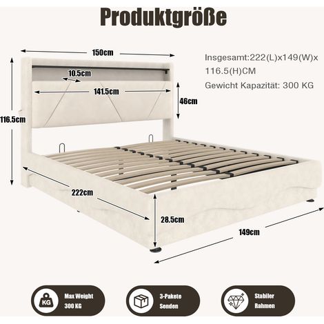 Lit moderne rembourré 140×200cm,tête de lit LED et étagères,rangement inférieur,cadre lattes à gaz silencieux,USB certifiés et poches latérales