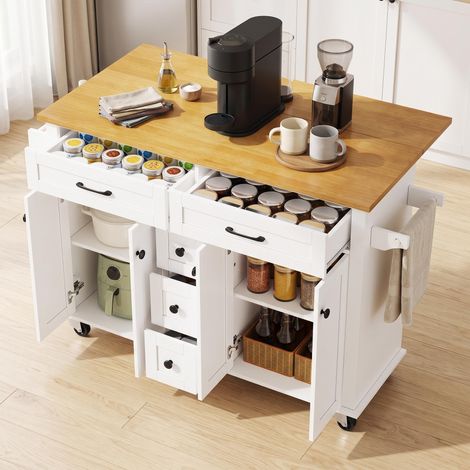 FurnitureR White Kitchen Island 140x65x89cm with 5 Drawers 4 Doors (1/5)