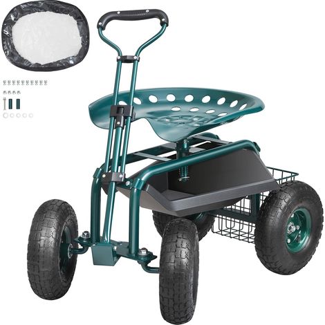 Chariot de Jardin Roulant avec Siège Pivotant 360°, Tabouret pour Plantation, Poignée de Direction et Plateau à Outils, pour Patio, Jardin et Extérieur, Vert (1/5)
