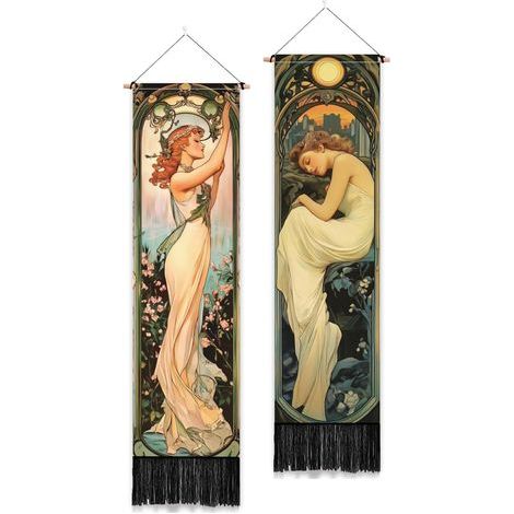 2 Pack Mucha Style Tapisserie Verticale Art Nouveau Affiche Esthétique Tenture Murale Pour Chambre Salle de Bain Salon Vintage Long Étroit Tenture Murale Dortoir Maison Art Décor (1/5)