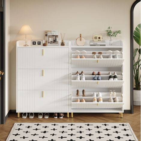 Schuhschrank mit 3 Klappen, 6 Fächern, verstellbaren Regalböden, mattweiß, 2er-Set OKMYHOME (1/5)