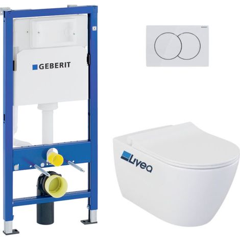 Geberit – Pack WC bâti-support UP100 – Cuvette suspendue sans bride Livea Bello – Abattant softclose – Plaque Delta50 – BELLOGEB1