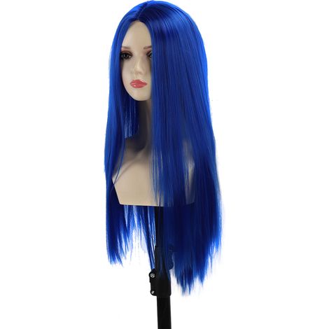 Perruque longue et lisse, raie au milieu, cheveux longs et denses, avec filet intégré, résistante à la chaleur, couleur bleu bijou.