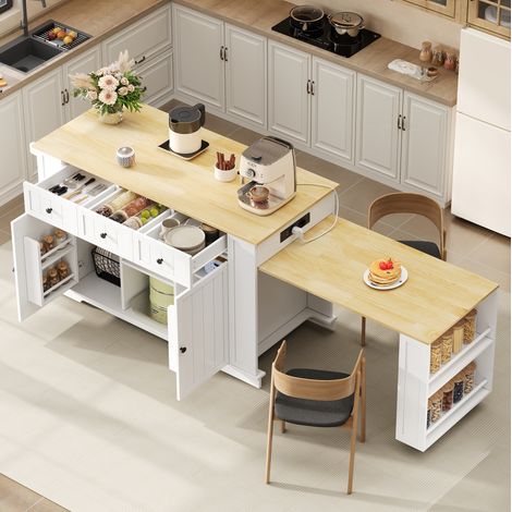 Îlot de cuisine mobile 138x55x93 cm en MDF blanc naturel, avec rangement, pour cuisine FloraGrace (1/5)