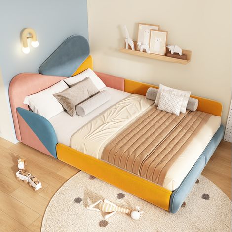 Letto per bambini 140x200 cm blu multicolore in velluto con sponde rialzate (1/5)