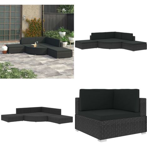 6-tlg. Garten-Lounge-Set mit Auflagen Poly Rattan Schwarz - Gartenmöbeln - Loungemöbel - Rattanmöbel - Outdoormöbel - Sitzgruppen - Home & Living