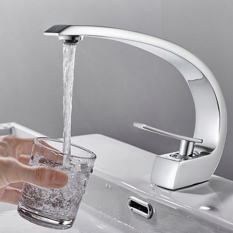 Arc Mitigeur Lavabo en Laiton Design Moderne Monotrou avec Mousseur Démontable Cartouche Céramique Robinet pour Lavabo (1/4)