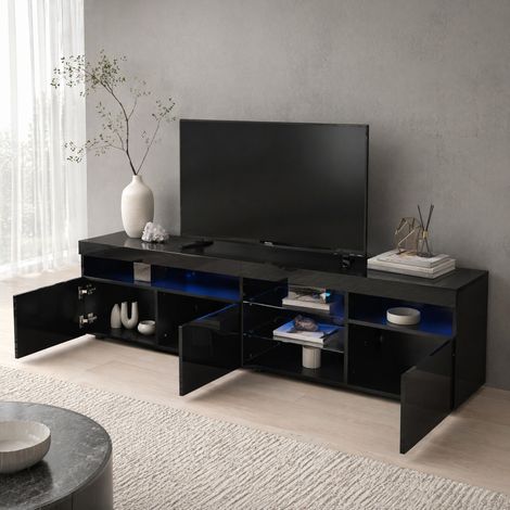 Meuble TV 180x35x48 cm en MDF noir, LED variable, avec rangement pour salon FloraGrace (1/5)