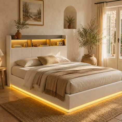 Lit 160x200 coffre, lit double, lit adulte en hydraulique, lit avec tête de rangement, avec LED et USB, Beige, Matelas non compris (1/5)