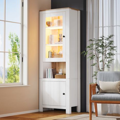 Vitrina alta 70 x 40 x 188 cm con LED, 2 puertas, blanco y madera natural DESVIAE (1/5)
