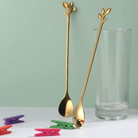 6 lange ovale lepels – Latte macchiato – Dessertlepels set – 18.6cm – IJslepels - Theelepels - Bladvormig handvat - gouden[CC] (1/5)