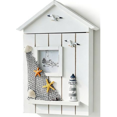Armoire à clés murale en bois 22 x 7 x 30 cm, rangement pour 6 clés ou porte-clés, décoration avec filet de pêche et phare, porte-clés mural, blanc (1/5)