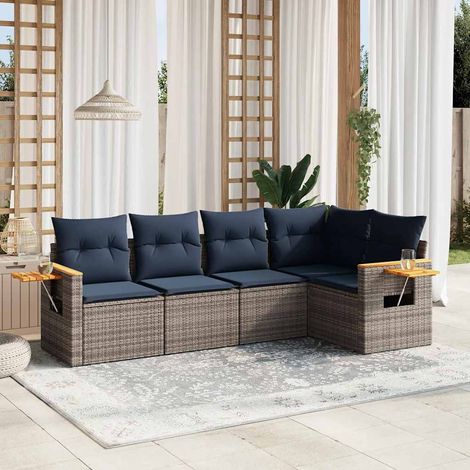 Set de sofás de jardín 5 pzas con cojines ratán sintético gris vidaXL (1/5)