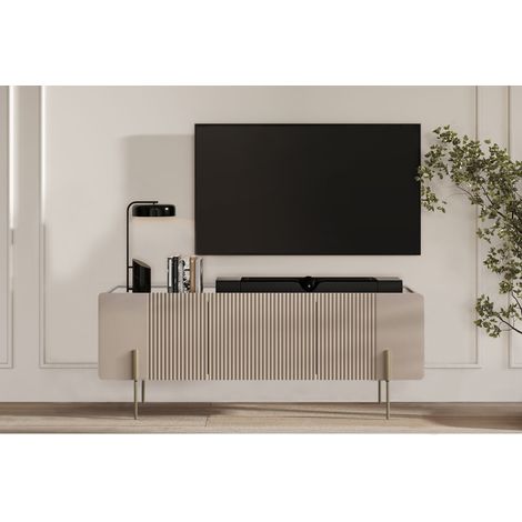 BOBOCHIC - Meuble TV 3 portes 150 cm MATHILDE plateau effet marbre et pieds or Beige (1/5)