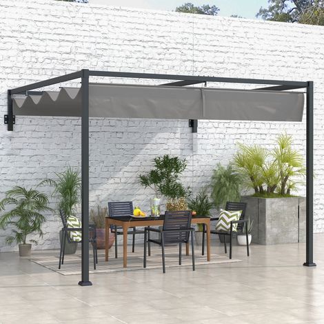 Pergola Gazebo 3x4 m con Tettuccio Retrattile e Fori di Drenaggio, in Acciaio e Poliestere, Grigio