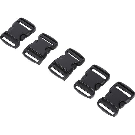 Juego de 5 hebillas de liberación rápida, correa ajustable de doble ranura, plástico negro resistente, para mochilas y manualidades. (1/5)