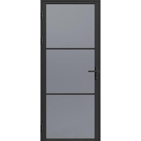 Vente-Unique – Bloc porte réversible en aluminium et verre trempé fumé – H204 x L73 cm – Noir – Angle d'ouverture 90° – Installation en tunnel