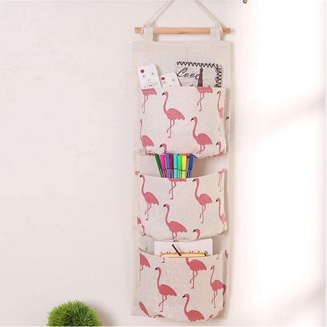 Sac de rangement mural, suspension en lin, 3 poches, intérieur enduit de PE imperméable pour portes, murs, armoires (blanc)