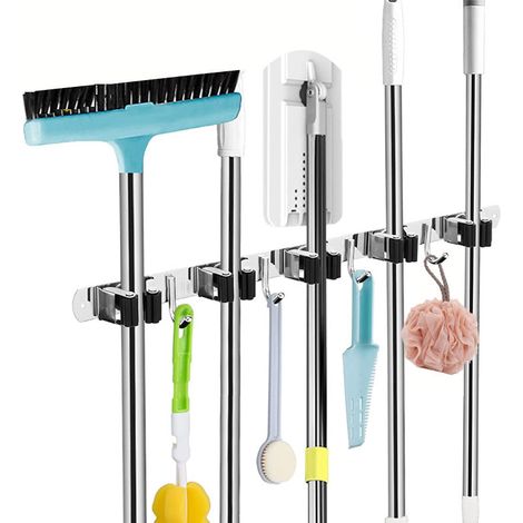 Balai-serpillère mural en acier inoxydable, support de rangement sans perçage, organiseur de nettoyage pour cuisine et salle de bain, 2 pièces. (1/5)