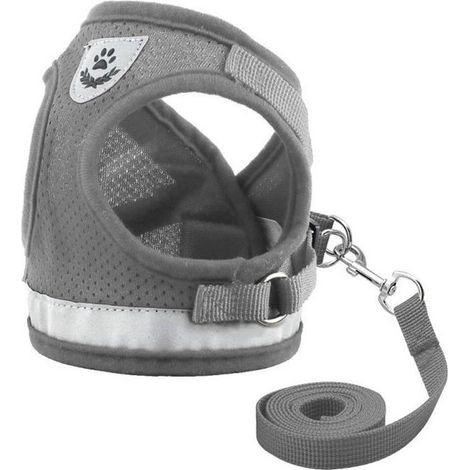 Harnais Souple Respirant Réfléchissant + Laisse pour Chien Chiot Chat Couleur Gris Taille M (1/4)