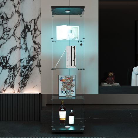 Vitrine en Verre avec LED, Transparent vitrine sur Pied Vitrine trempé Moderne en Verre 4 Couches avec 1 Porte, vitrines de Collection pour Salon, Chambre à Coucher, 164x36.5x42.5cm-Noir (1/5)