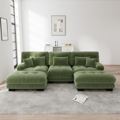 Modulares U-förmiges Ecksofa – 313 x 145 x 81 cm – Ausziehbar mit Hockern – Chenille-Stoff – Grün