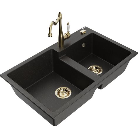 Mexen Tomas lavello da cucina in granito a 2 vasche con miscelatore da cucina Carla, nero/oro metallizzato - 6516-75-670700-50 (1/5)