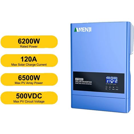 Onduleur Solaire Hybride, Sortie Onde Sinusoïdale Pure, Technologie MPPT, ANJ-6200W-48V-WIFI, 220-240V (1/2)