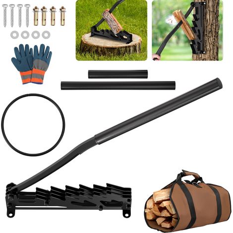 Jiubiaz Kaminholz-Spalthilfe zur Wandbefestigung, mit abnehmbarer Griffverlängerung, inkl. Holztragetasche und Handschuhen, Schwarz (1/5)