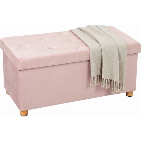 HOMCOM Velvet Upholstered Foldable Ottoman Footrest with Wood Legs, Pink (1/5)