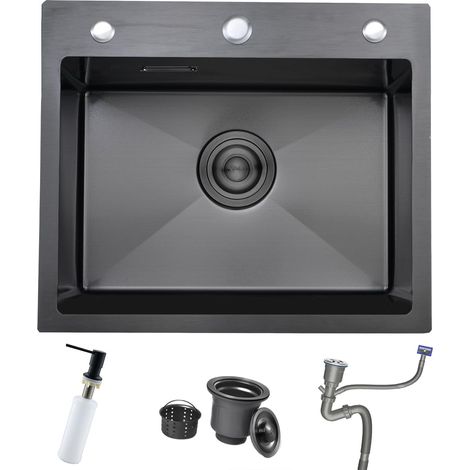 55 x 50 cm Évier de Cuisine Noir 1 Bac, Petit Évier de Cuisine En Acier Inoxydable avec 3 Trous Pour Robinet et Trop-Plein, Siphon, Distributeur de Savon (1/5)