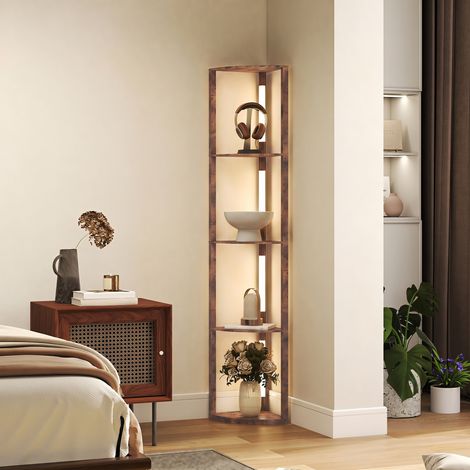 Lampadaire LED avec étagères, intensité variable sur 5 niveaux, lampe sur pied moderne avec 3 niveaux de luminosité et interrupteur au pied, marron rustique (1/5)